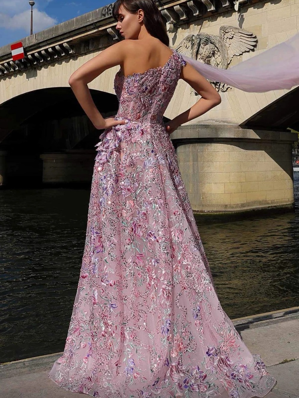 Elegant One-Shoulder Lavender Floral Evening Gown